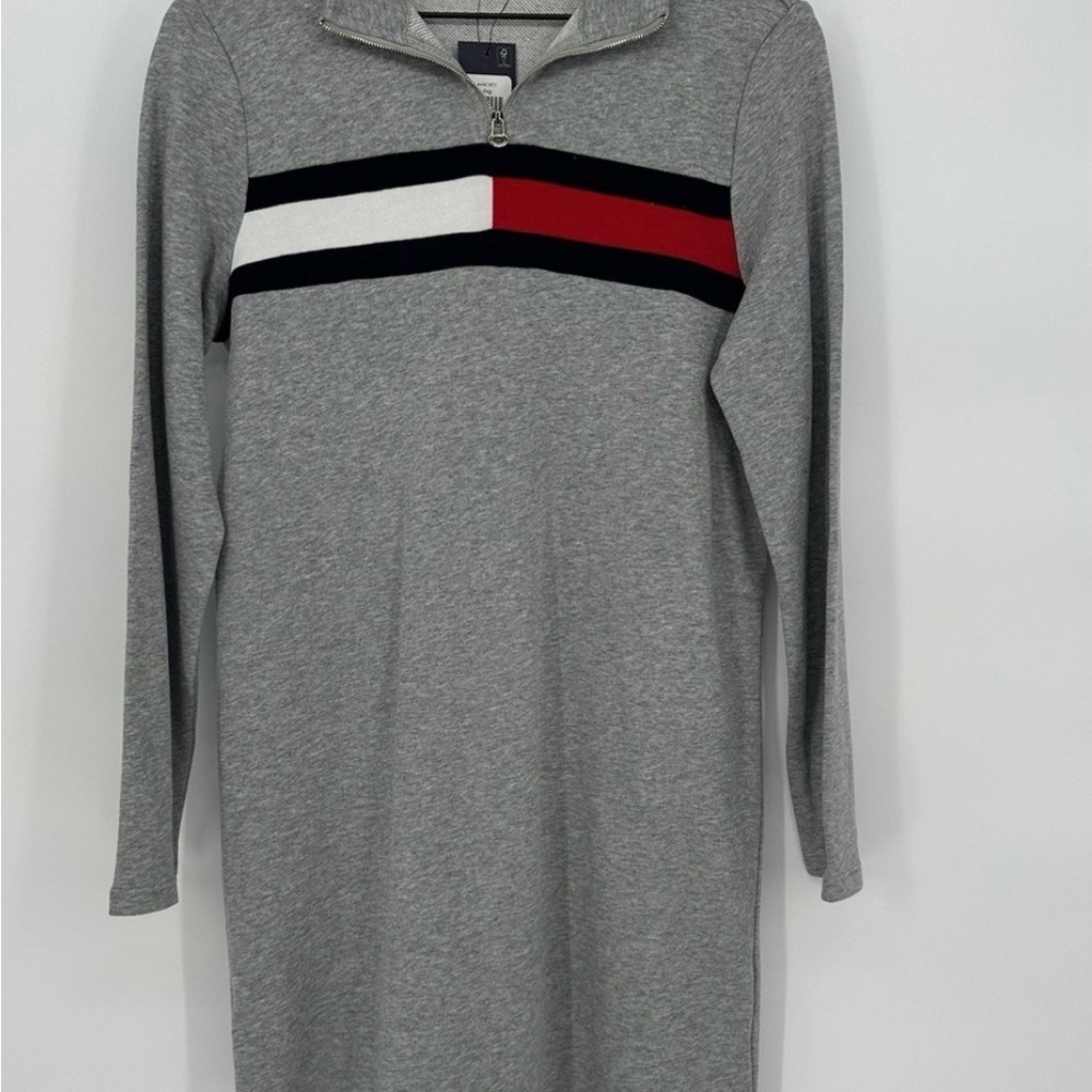 Gray Long Sleeve Dress with Red and Black Stripes TOMMY HILFIGER